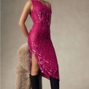 Anthropologie Hutch One-Shoulder Ruched Velvet Dress Pink/Rose/Magenta M